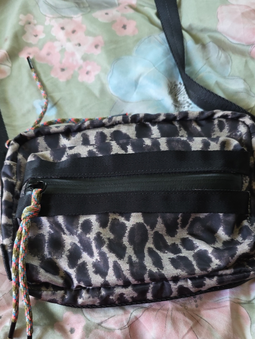 Rebecca Minkoff Downtown Camera Bag Nylon Crossbody in Black and Gray Leopard